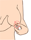 ピュアナスを指先に適量(小豆大)とり、乳首になじませながら塗布し、こよりを作るように乳首をマッサージします。(30~60秒程度)